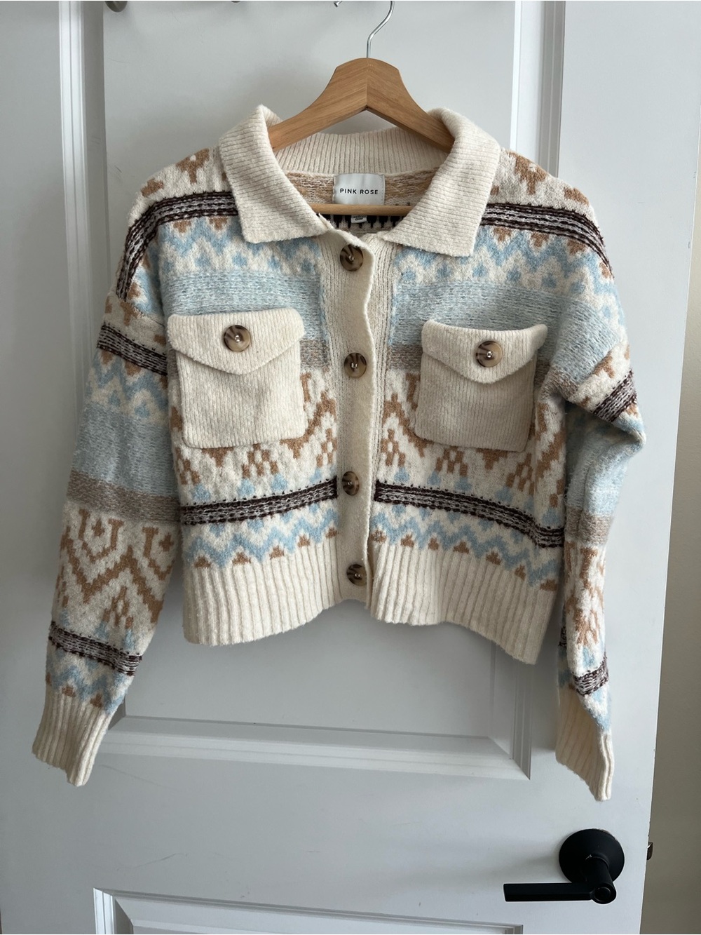 PINK ROSE Women's Geometric Pattern Collared Button-Up Cardigan Sweater sz S